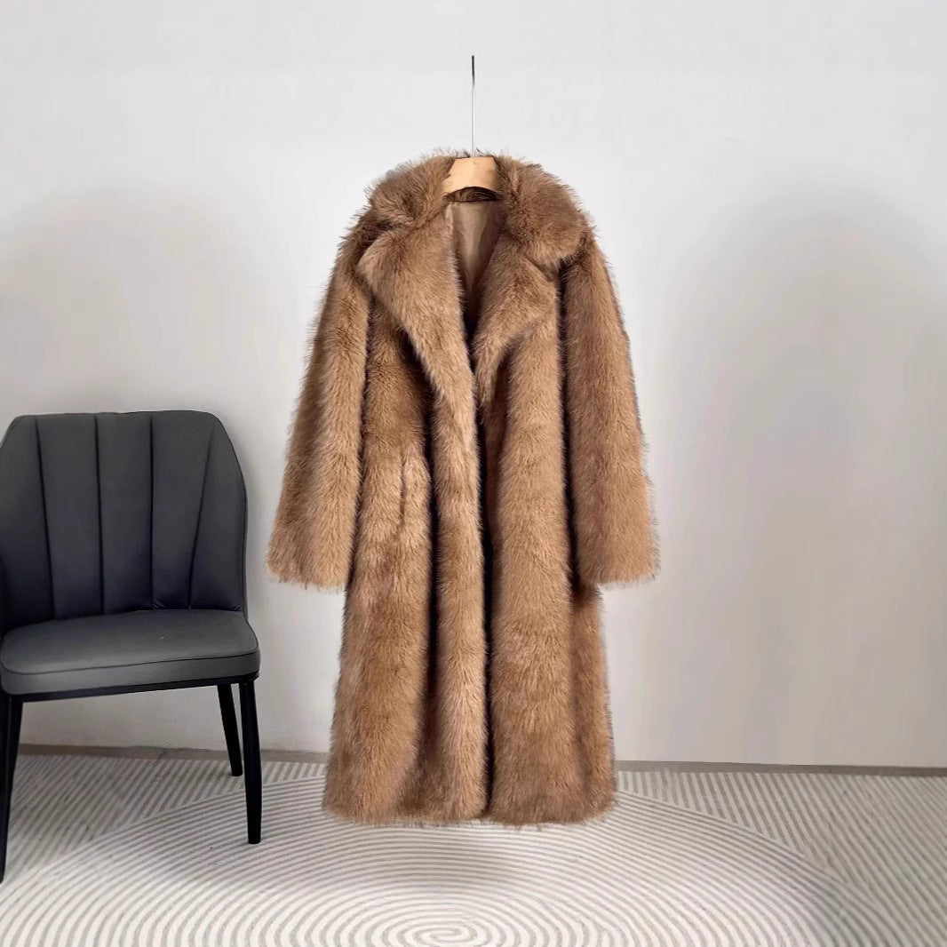 Damen Eleganter Pelzmantel mit großen Taschen Drune