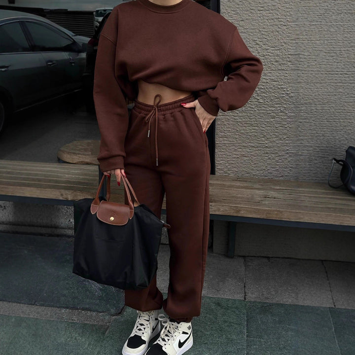 Damen elegantes und lässiges Zweiteiler-Set mit bequemem Cropped-Sweatshirt und weiten Jogginghosen Drune