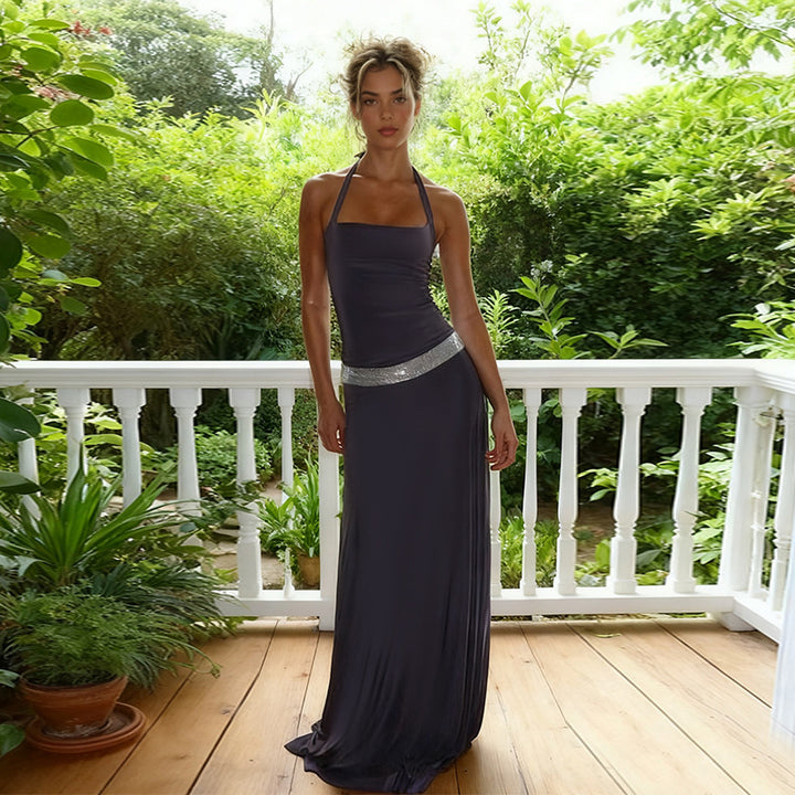 Damen elegantes Maxikleid mit schimmerndem Halterdesign und glitzerndem Taillengürtel Drune