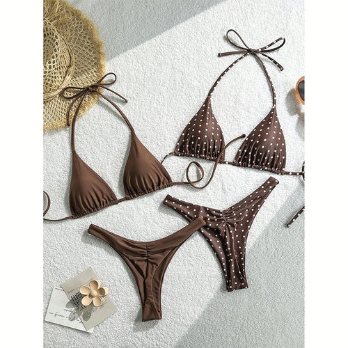 Damen Triangel-Bikini-Set mit modischem Punkte-Design und verstellbaren Bändern Drune