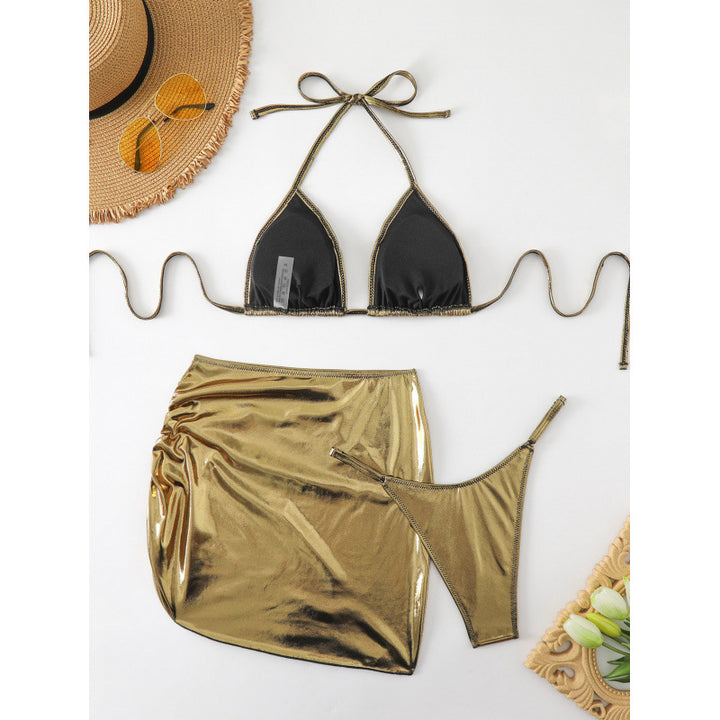 Damen Glänzender Triangel-Bikini mit Raffung und verspieltem Rock Drune
