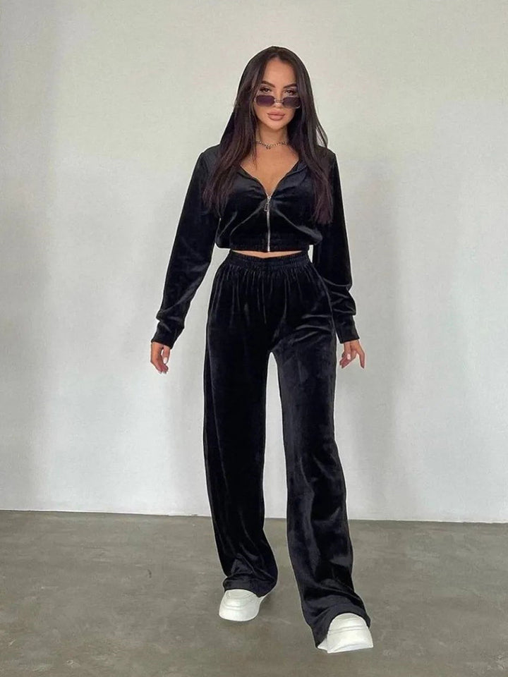 Damen nan Cropped Velours-Joggingset mit halbem Reißverschluss, gerafftem Komfortbund und breiten Bündchen Drune