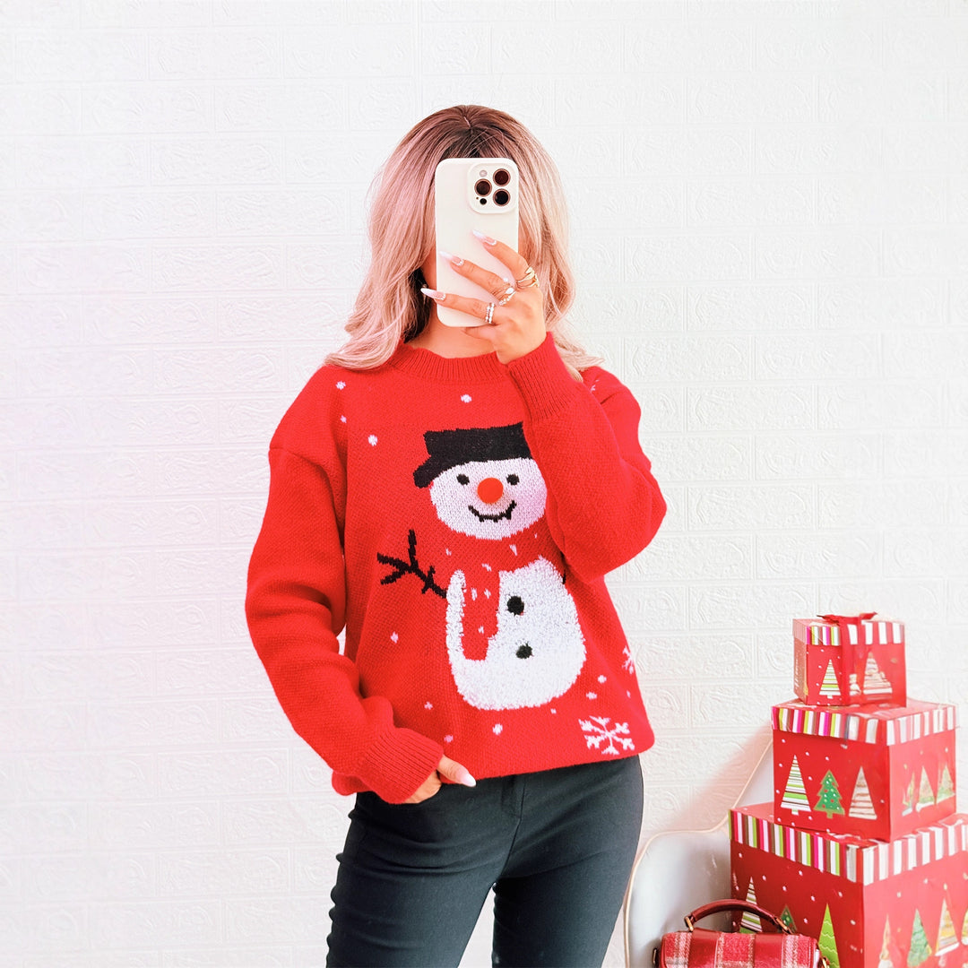 Damen Weihnachts-Pullover mit festlichem Schneemann-Motiv und gemütlichem Schnitt Drune