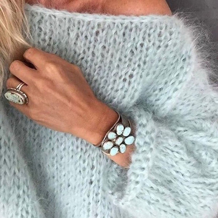 Damen lässiger Grobstrickpullover mit offenen Maschen und überschnittenen Schultern Drune