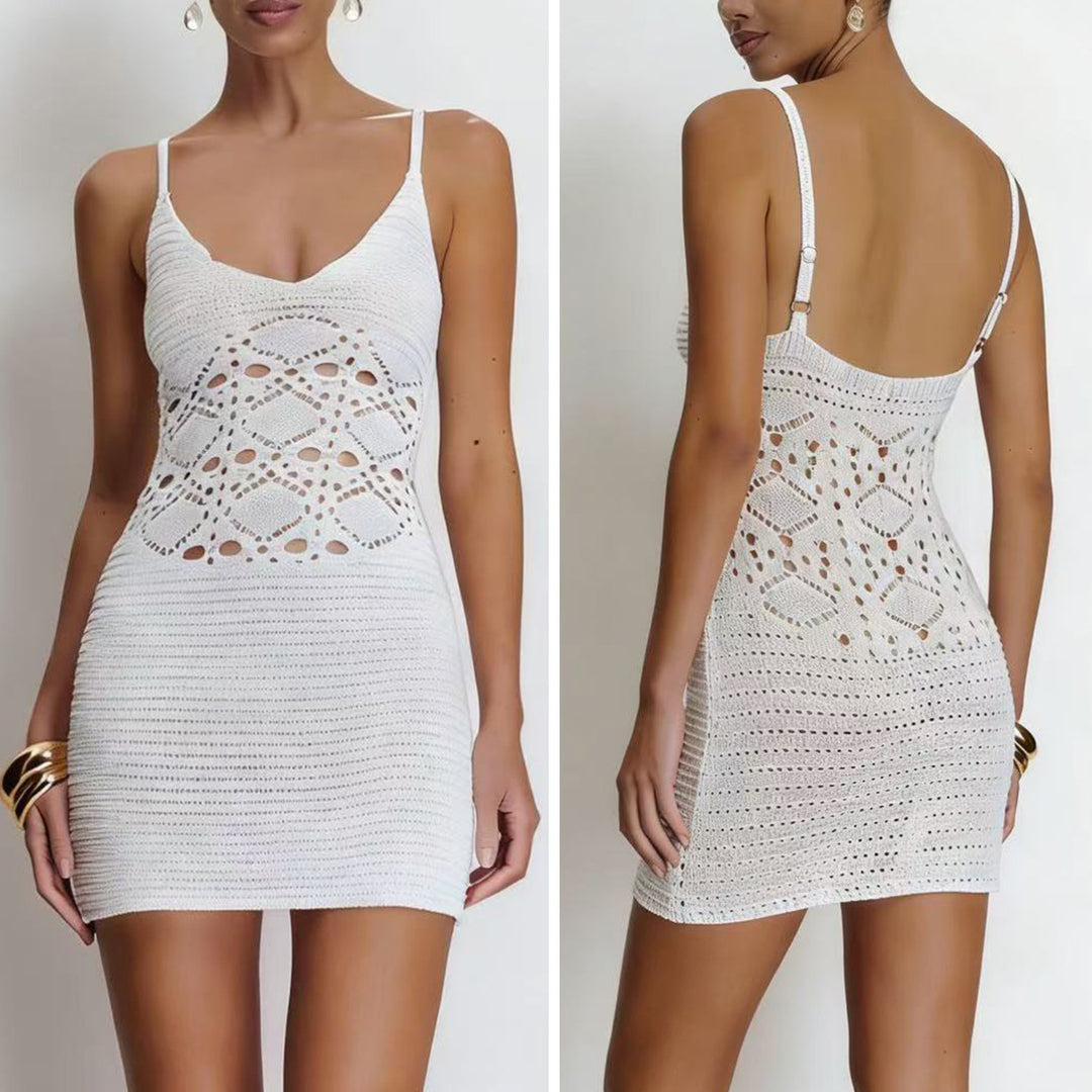 Damen Häkel-Strandkleid mit tiefem V-Ausschnitt und raffiniertem Netzdesign Drune