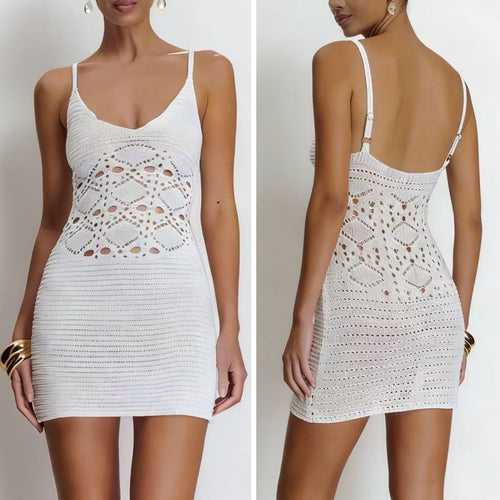 Damen Häkel-Strandkleid mit tiefem V-Ausschnitt und raffiniertem Netzdesign Drune