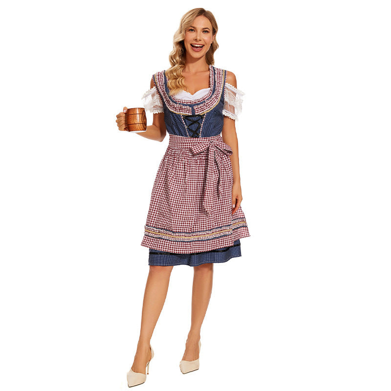 Damen nan traditionelles Trachtenkleid mit Schnürmieder, Spitzenärmeln und karierter Schürze Drune