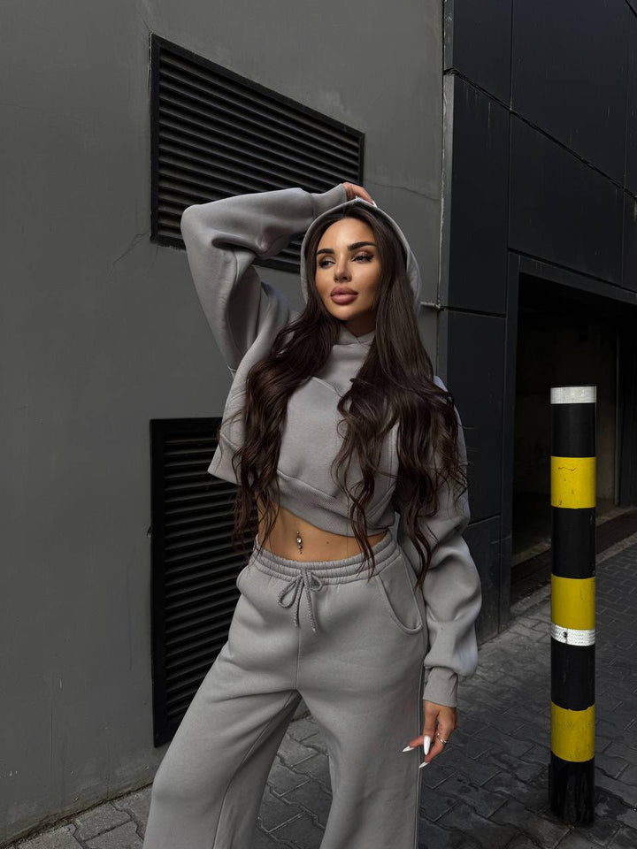 Damen lässiger cropped Hoodie und weit geschnittene Jogginghose Set Drune