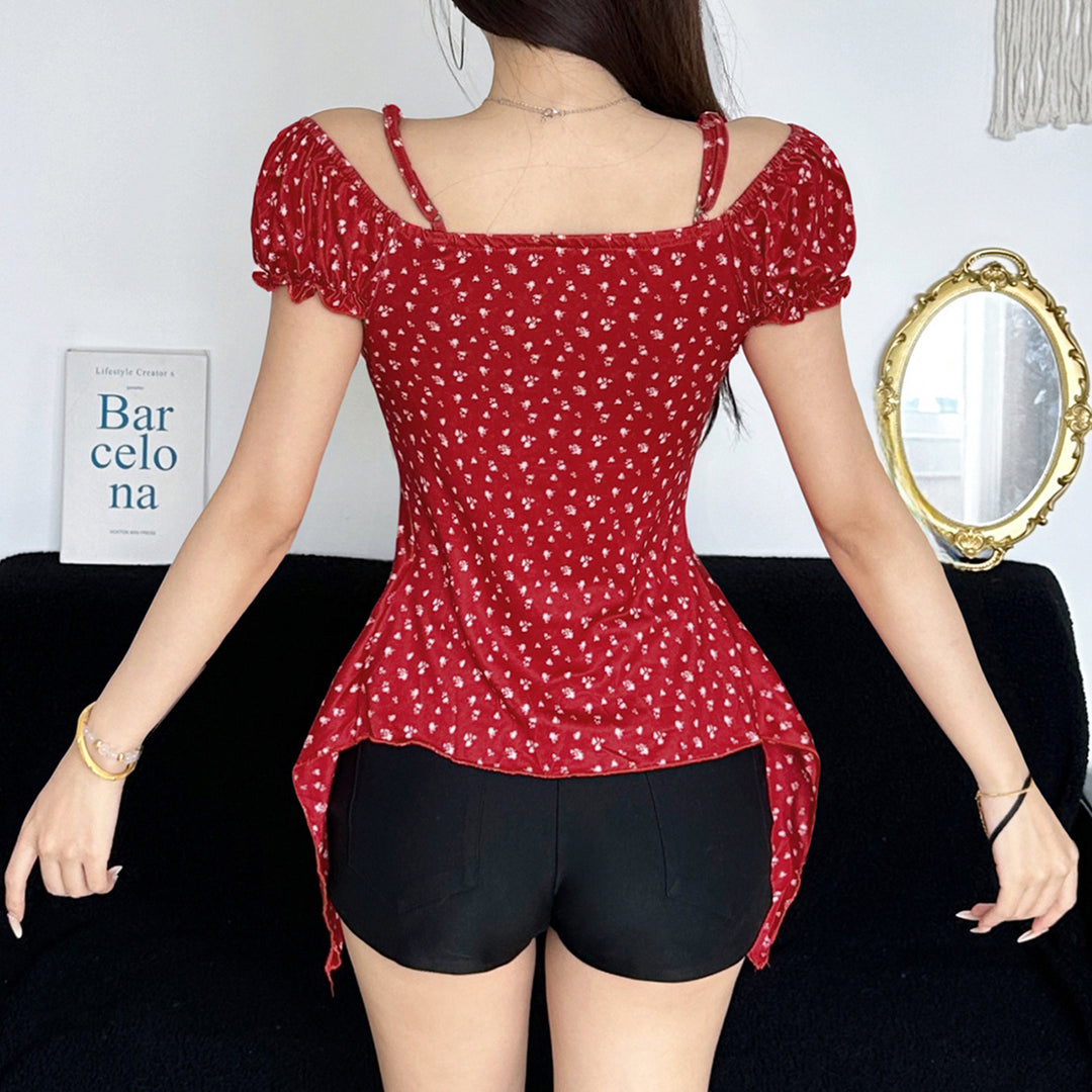 Damen Off-Shoulder-Oberteil mit süßem Blumenmuster und Raffung Drune
