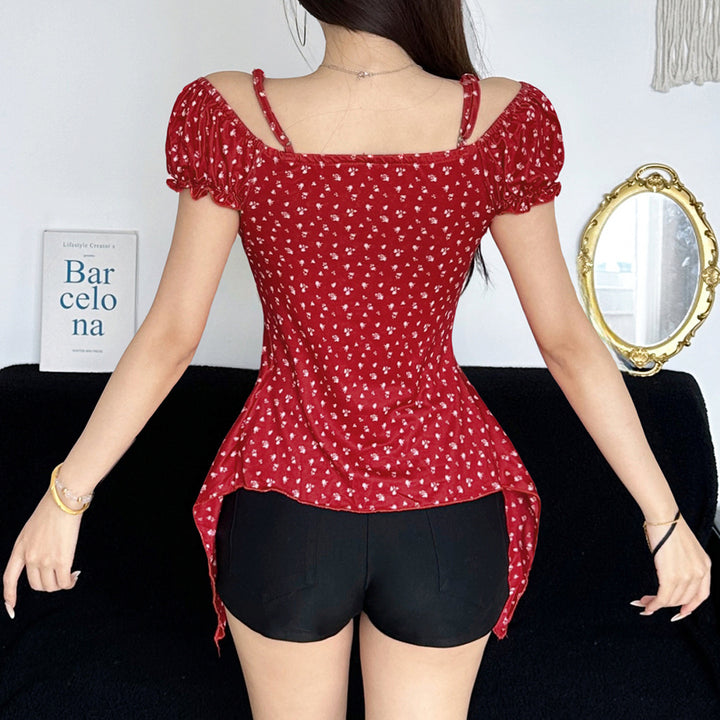 Damen Off-Shoulder-Oberteil mit süßem Blumenmuster und Raffung Drune