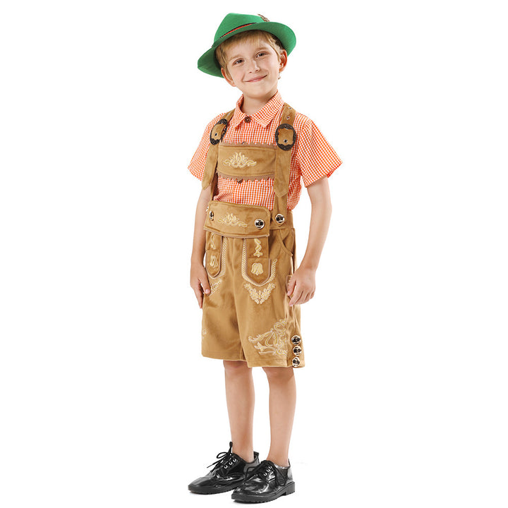 Unisex nan traditionelles Kinder Trachten-Set Lederhose mit Stickerei und kariertem Hemd Drune