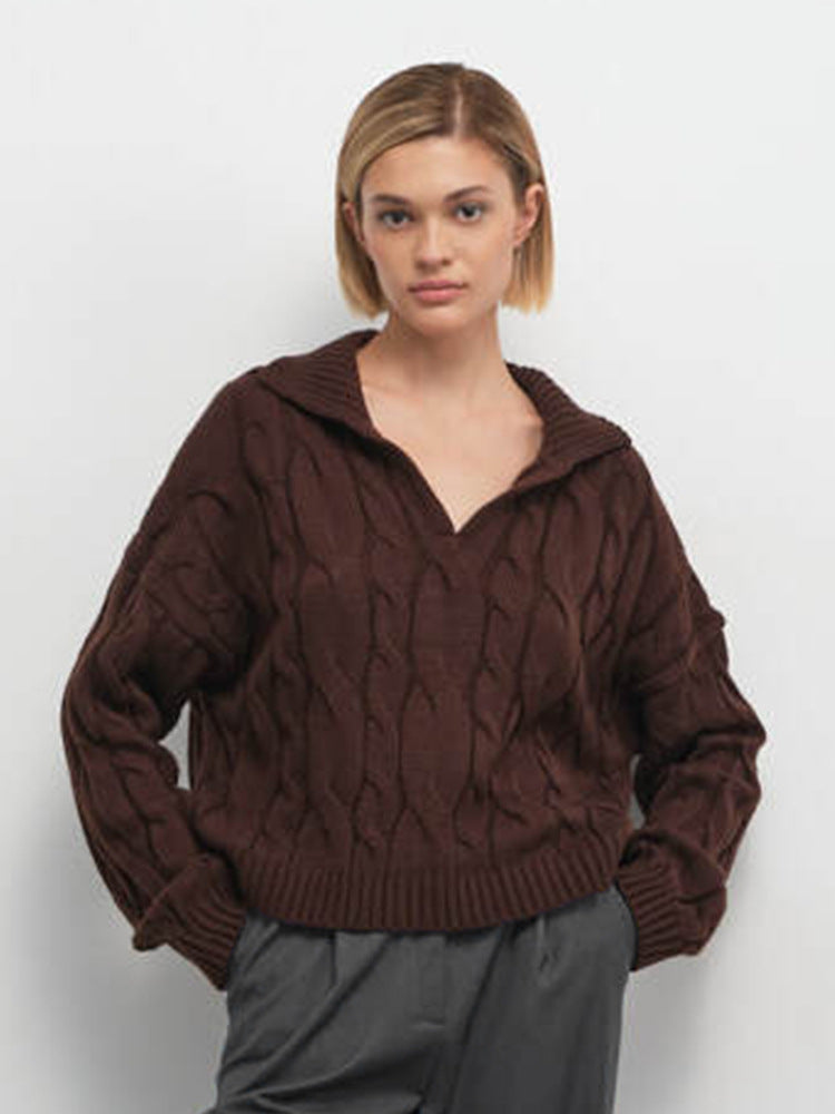 Damen Hoher Kragen Strickpullover mit Zopfmuster Drune