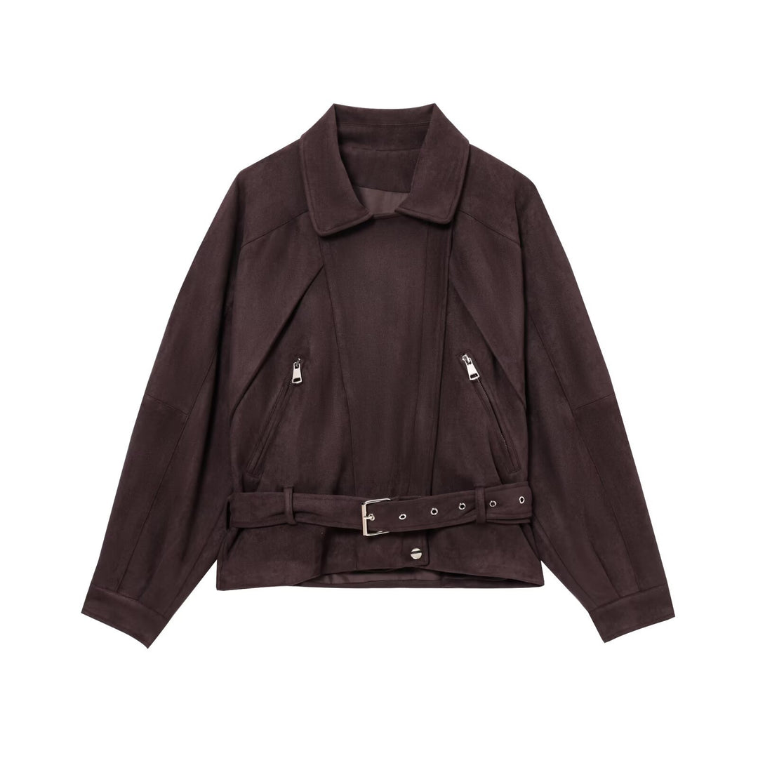 Damen modische Wildlederjacke mit Taillengürtel und asymmetrischem Reißverschluss Drune