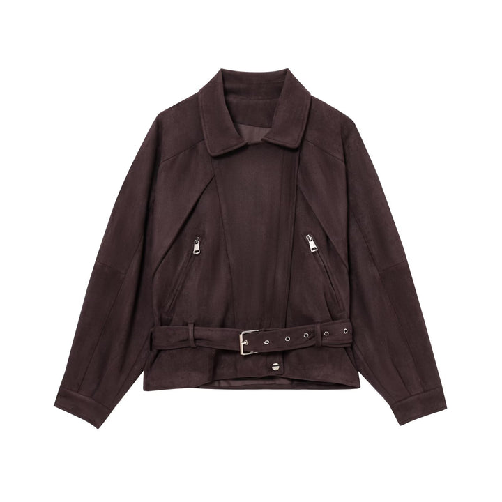 Damen modische Wildlederjacke mit Taillengürtel und asymmetrischem Reißverschluss Drune