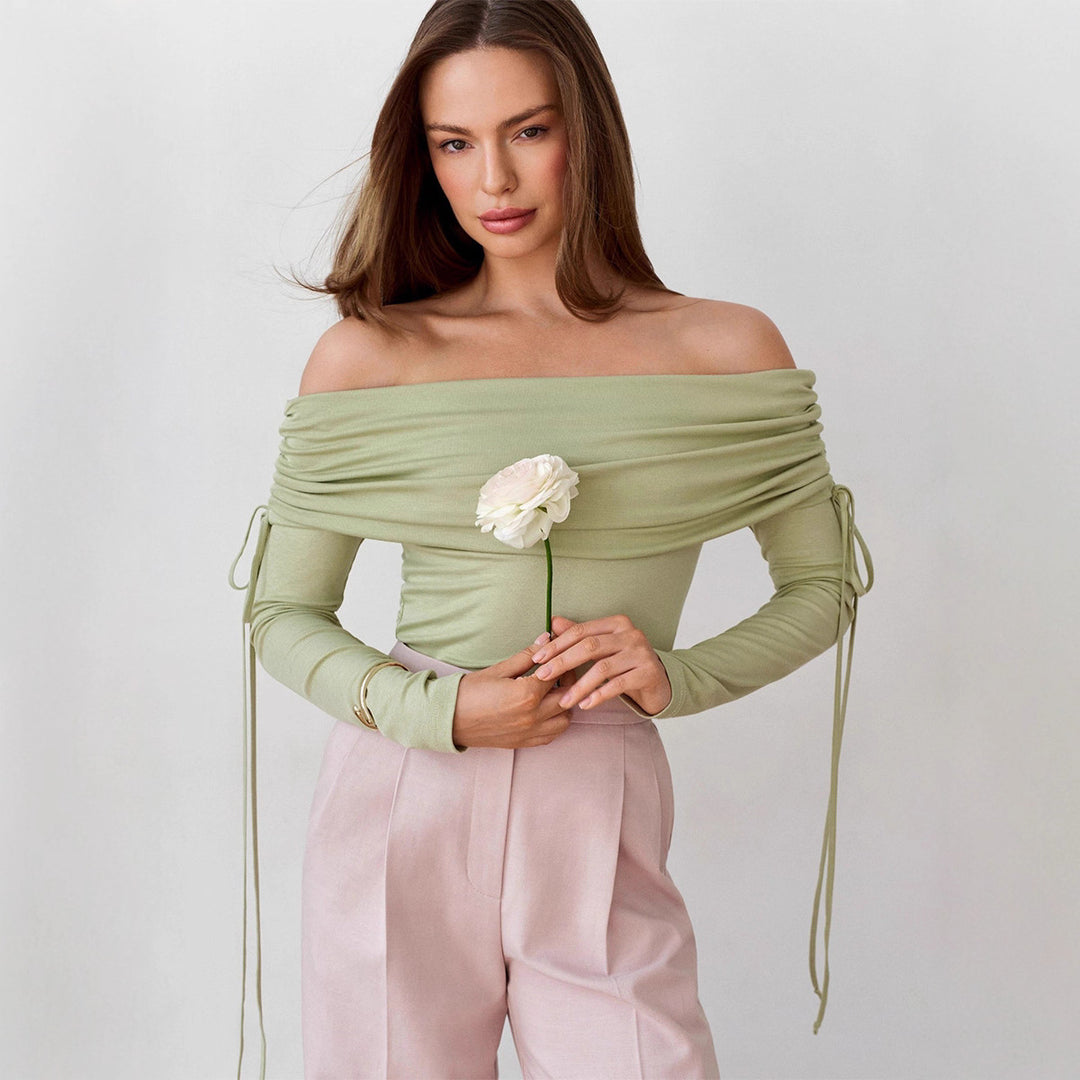 Damen Off-Shoulder Bluse mit Raffungen und langen Ärmeln Drune