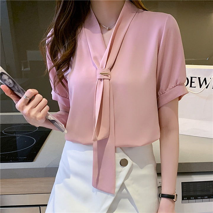 Damen Bluse mit eleganter Schleife und modischen Puffärmeln Drune