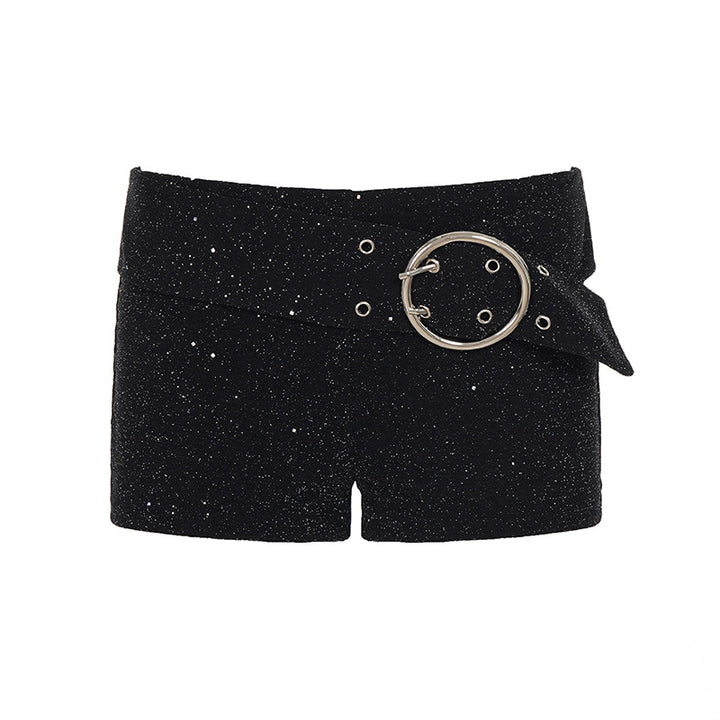 Damen Glitzernde Kunstleder-Shorts mit dekorativem Gürtel Drune