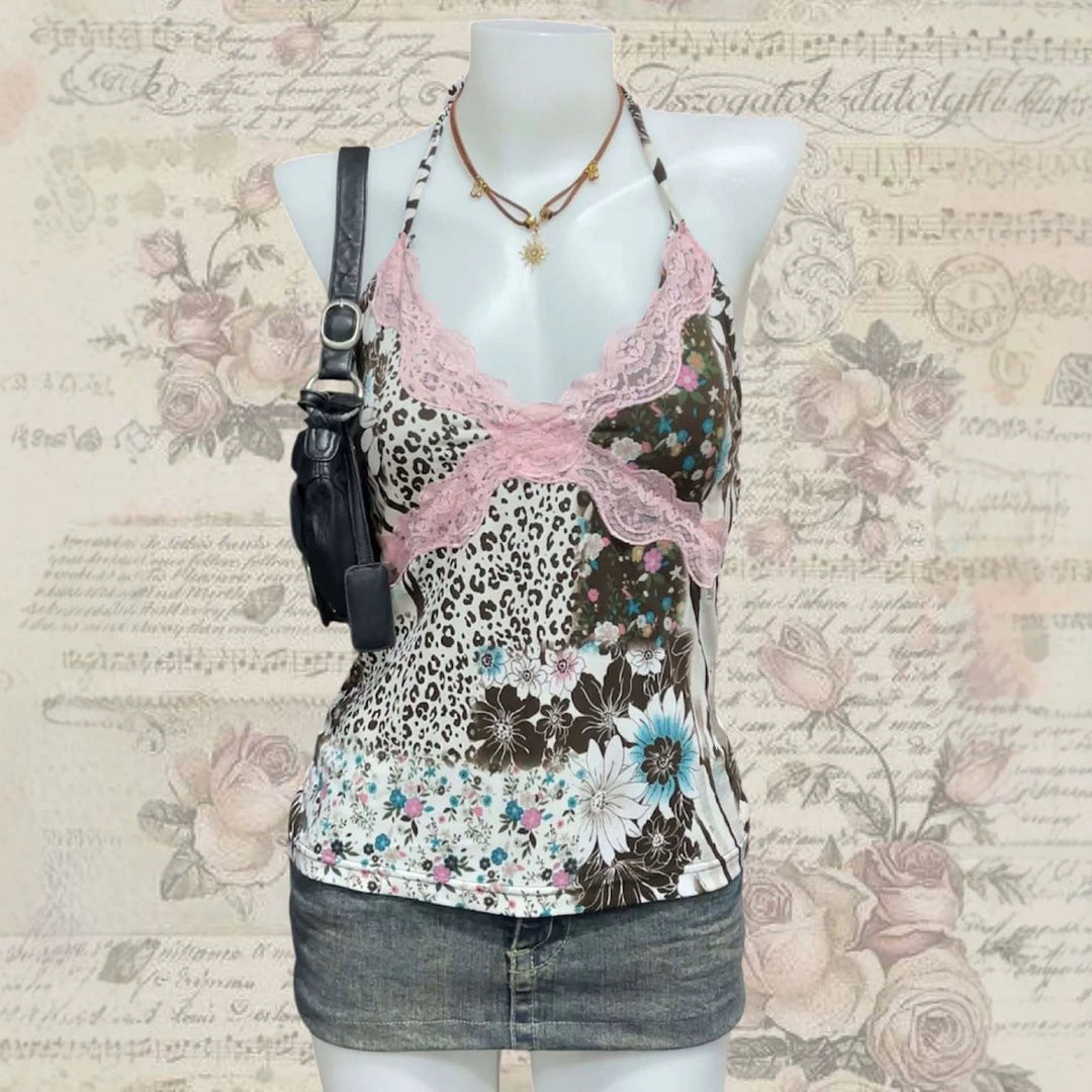 Damen Verspieltes Haltertop mit floralem und Leopardenmuster Drune