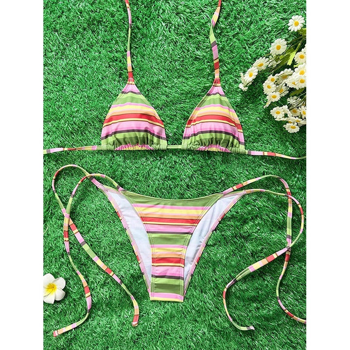 Damen Triangel-Bikini mit verstellbaren Trägern und buntem Streifenmuster Drune