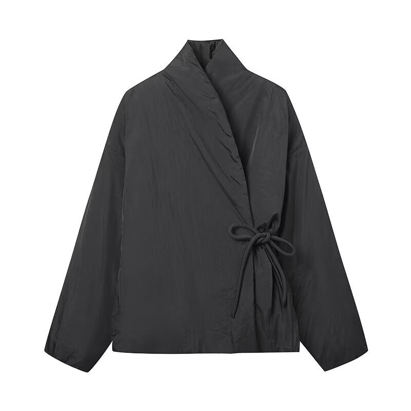 Damen modulare Wickeljacke mit taillierbarem Design und hohem Kragen Drune