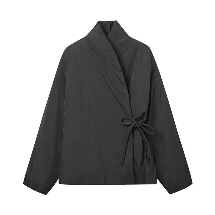 Damen modulare Wickeljacke mit taillierbarem Design und hohem Kragen Drune