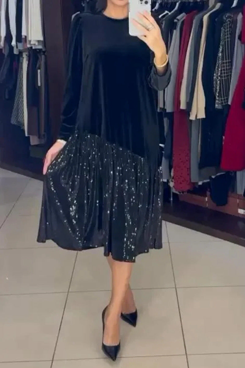 Damen elegantes Partykleid mit funkelndem Rock und weichem Oberteil Drune