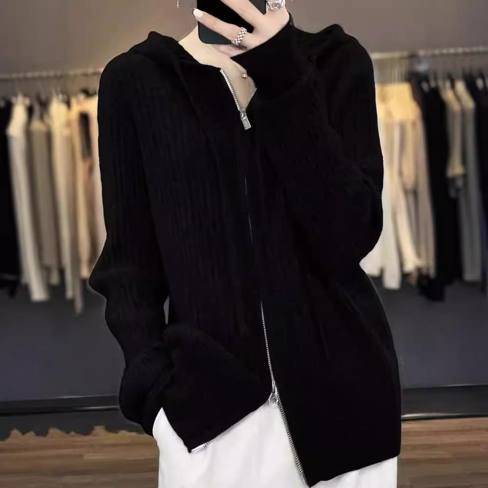 Damen Strickpullover mit Kapuze und Reißverschluss Drune