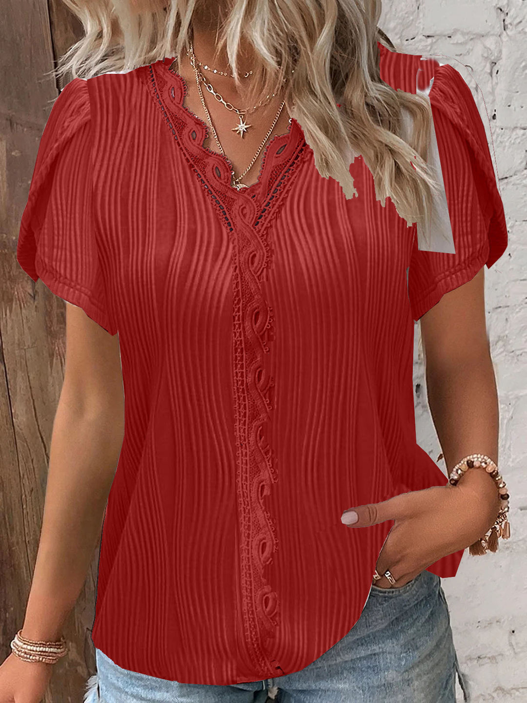 Damen spitzenbesetzte knopfleistenbluse Drune