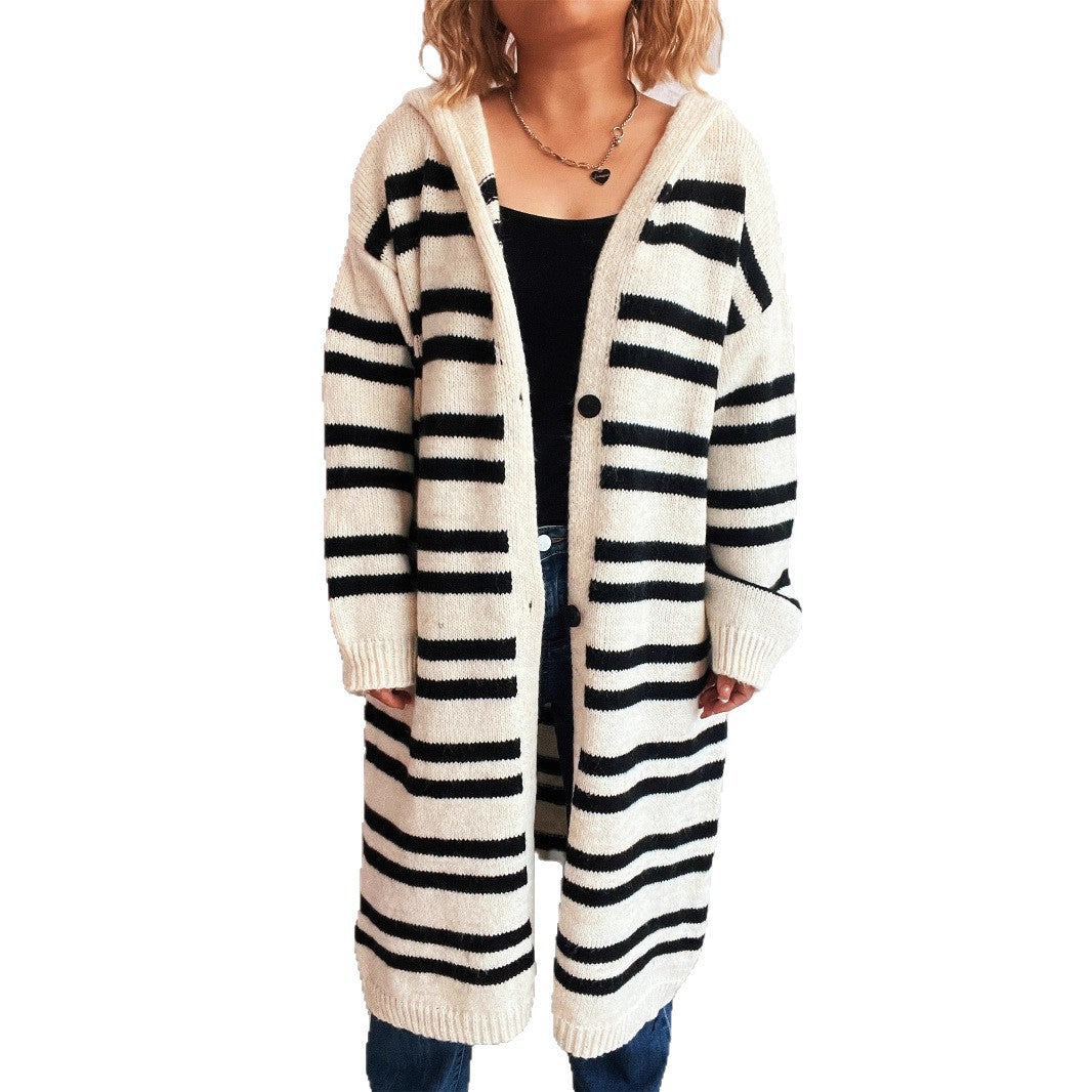 Damen gemütlicher Strickcardigan mit hochgeschlossenem Kragen und modischem Streifenmuster Drune