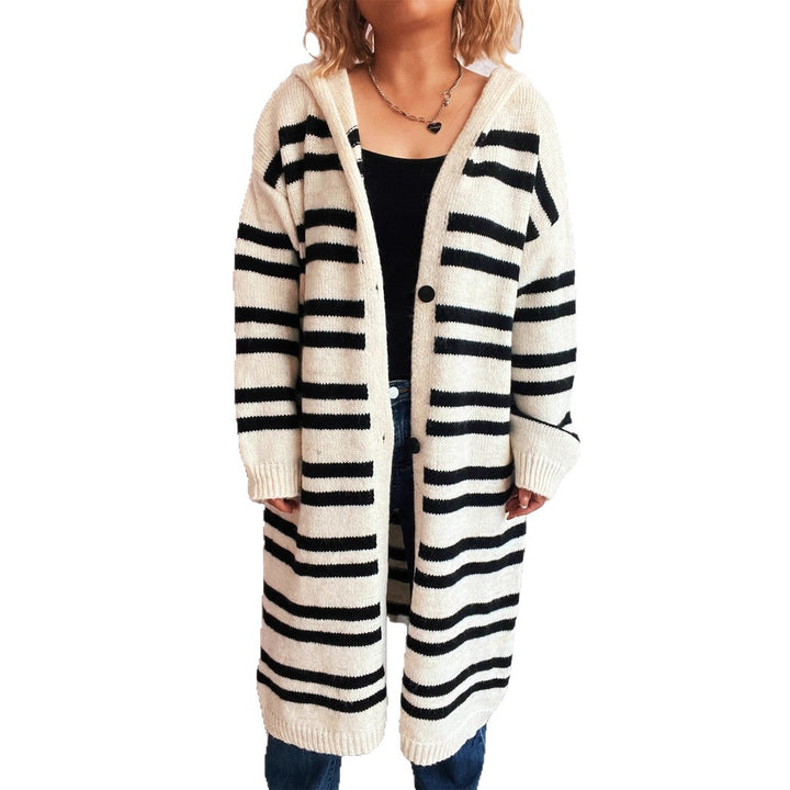 Damen gemütlicher Strickcardigan mit hochgeschlossenem Kragen und modischem Streifenmuster Drune