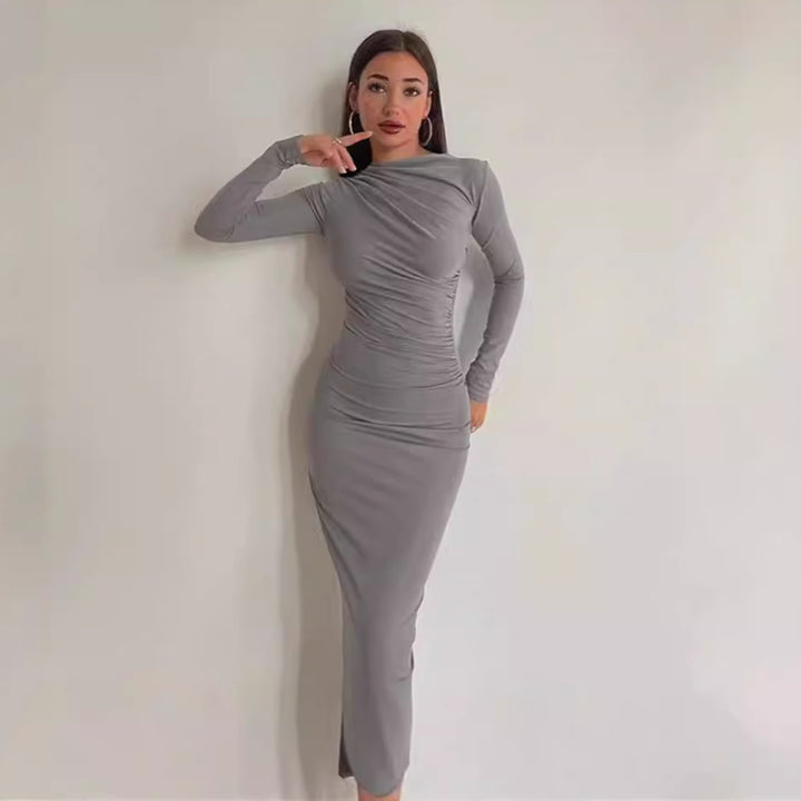 Damen nan gerafftes Maxikleid mit asymmetrischem Ausschnitt und taillierter Silhouette Drune