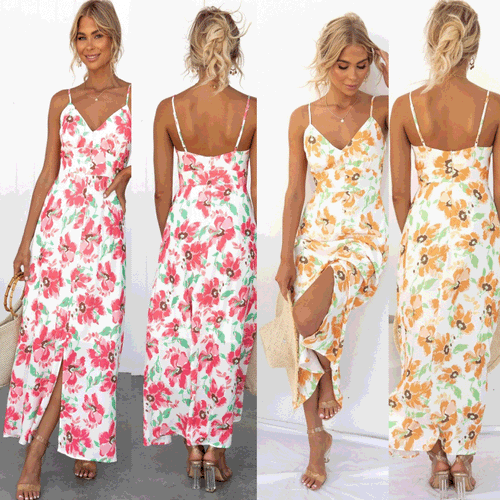 Damen Sommerliches Maxikleid mit elegantem V-Ausschnitt und Hohem Schlitz Drune