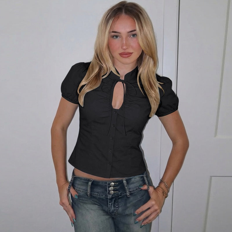 Damen Bluse mit Rüschendetails und dekorativer Schleife Drune