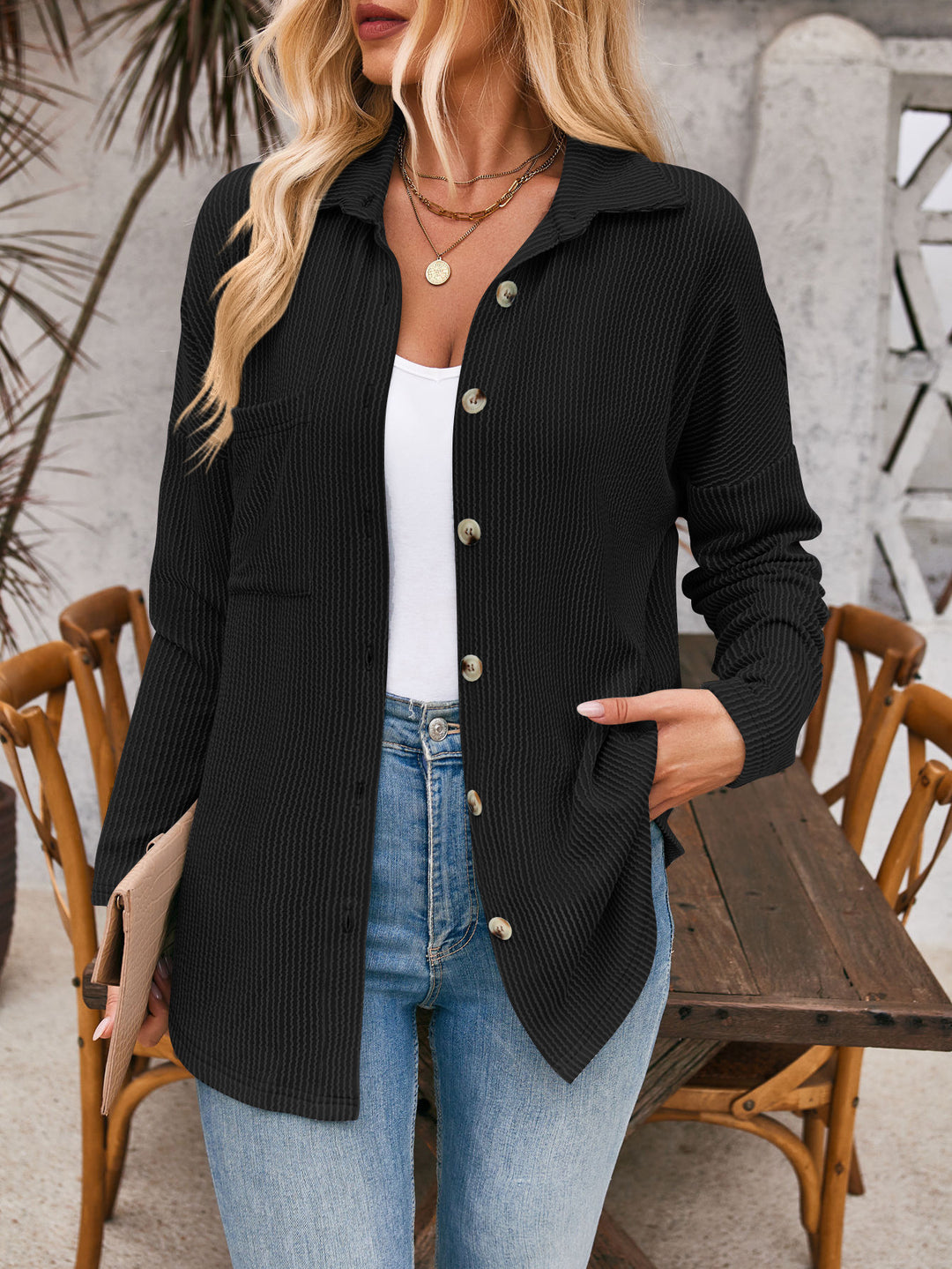 Damen Lässige Waffelpique Blusenjacke mit praktischen Taschen und Knopfverschluss Drune