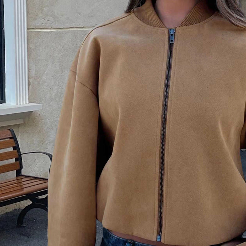 Damen Modische kurz geschnittene Lammfelljacke mit voluminösen Ärmeln Drune