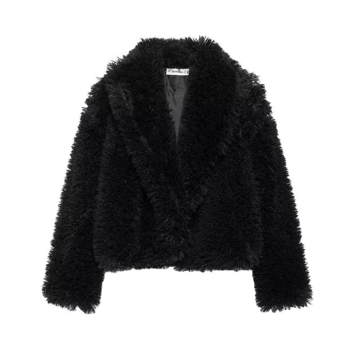 Damen nan kurze kuschelige Kunstfell-Cropped-Jacke mit großzügigem Schalkragen und offener Front Drune