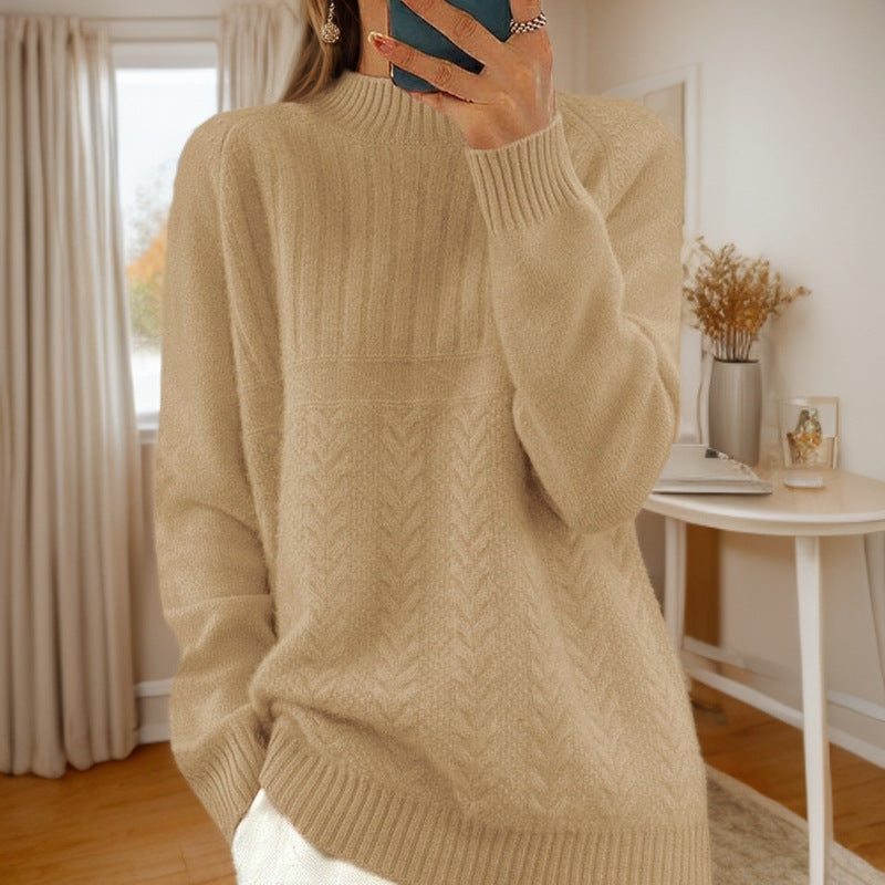 Damen Strickpullover mit kreativem Zopfmuster und hohem Kragen Drune