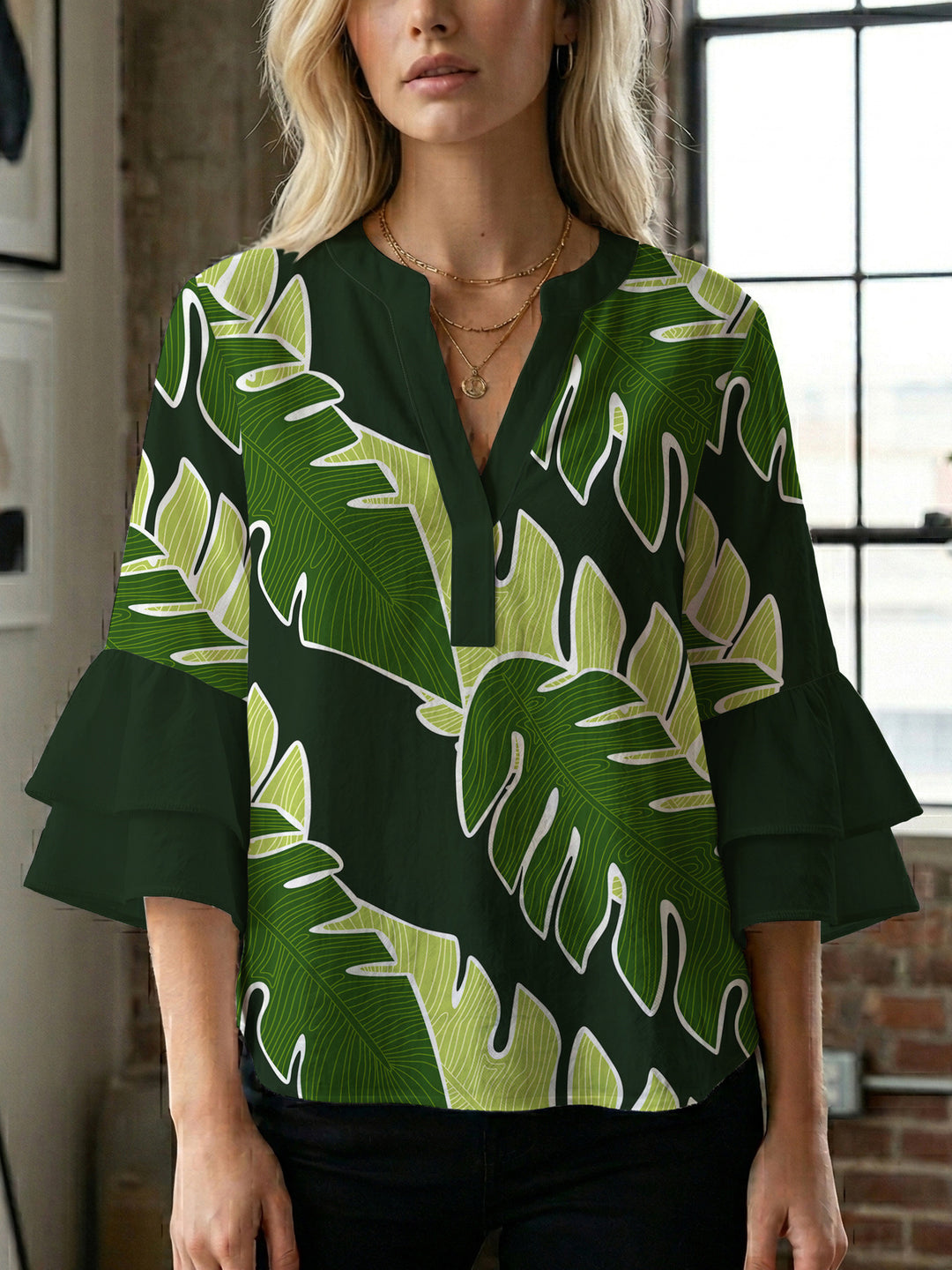 Damen Bluse mit voluminösen Rüschenärmeln und floralem Druck Drune