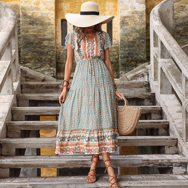 Damen Maxi-Kleid mit floralen Details und elastischem Taillenzug Drune