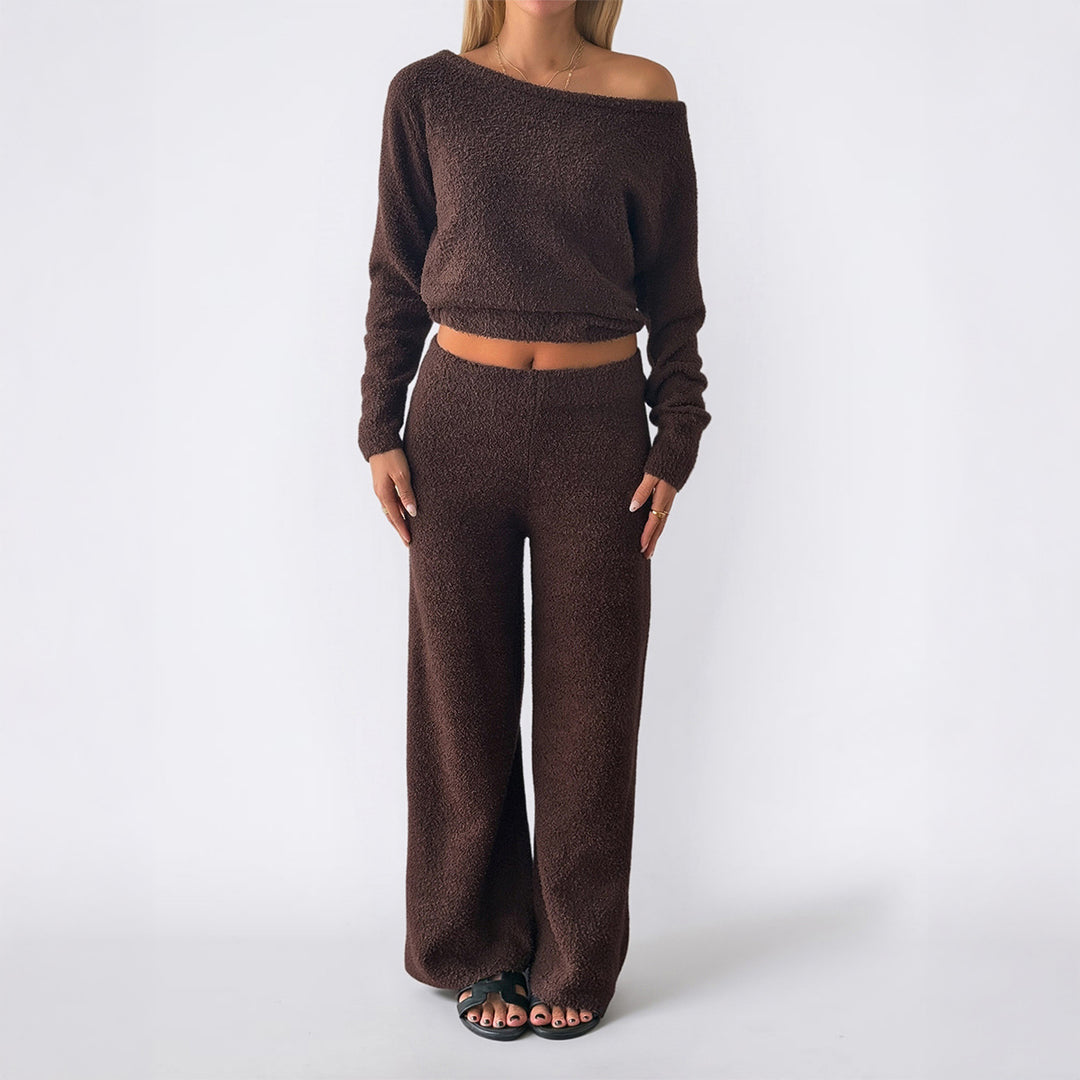 Damen nan kuscheliges Bouclé-Lounge-Set mit One-Shoulder-Crop-Pullover und Highwaist Palazzo-Hose Drune