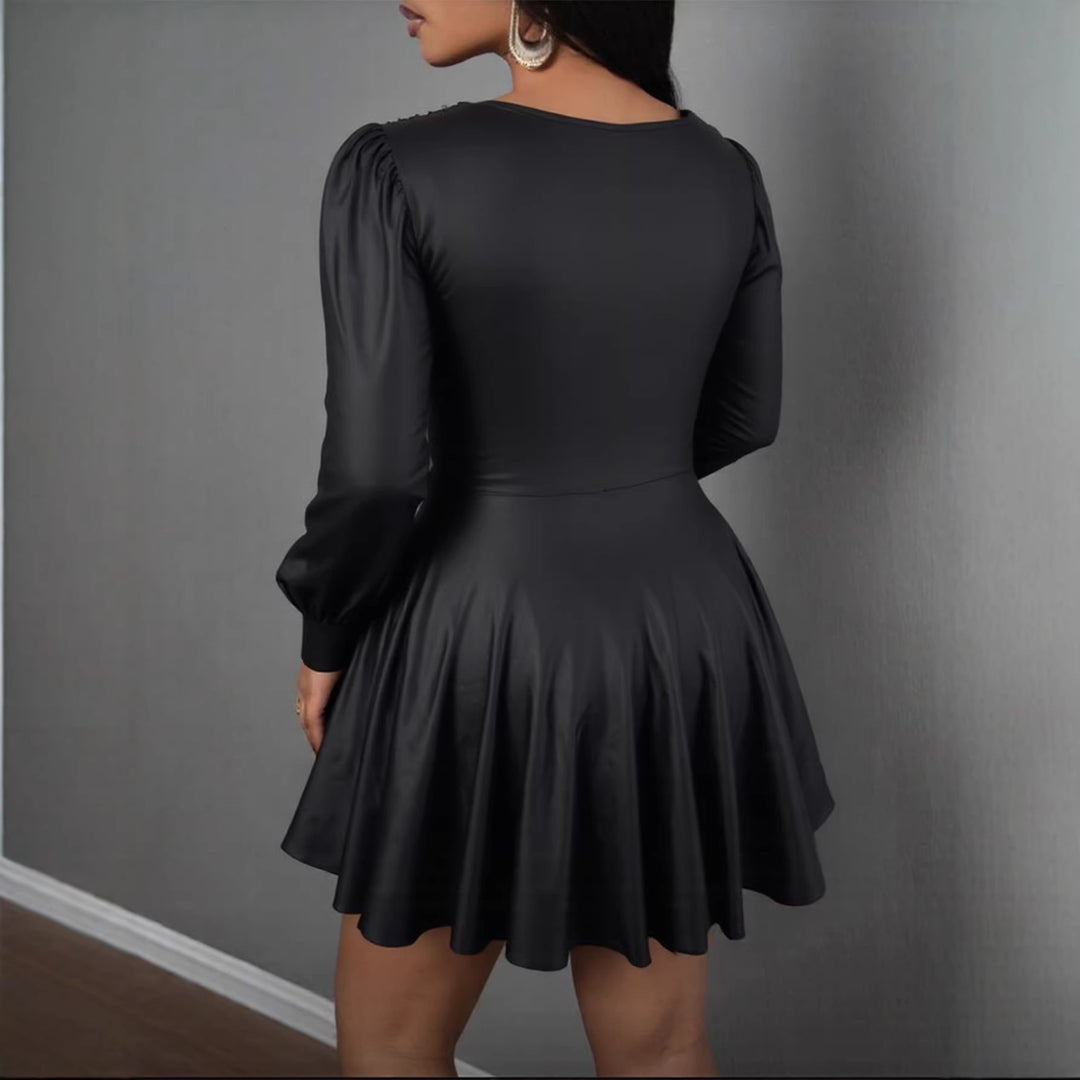 Damen elegantes Minikleid mit tiefem V-Ausschnitt und voluminösen Puffärmeln Drune