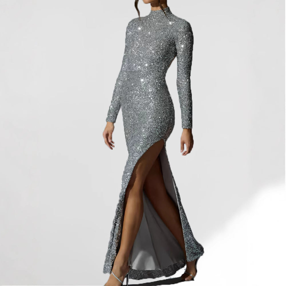Damen Glamouröses Abendkleid mit langem Arm und schimmerndem Schlitz Drune