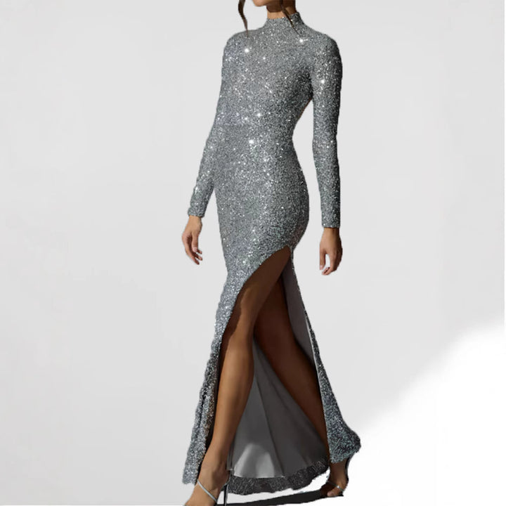 Damen Glamouröses Abendkleid mit langem Arm und schimmerndem Schlitz Drune