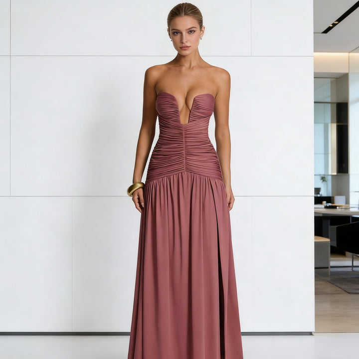 Damen Elegantes Maxikleid mit tiefem V-Ausschnitt und raffinierten Drapierungen Drune