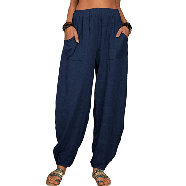 Damen nan lockere Leinenhose mit weitem Bein elastischem Bund und großen aufgesetzten Taschen Drune