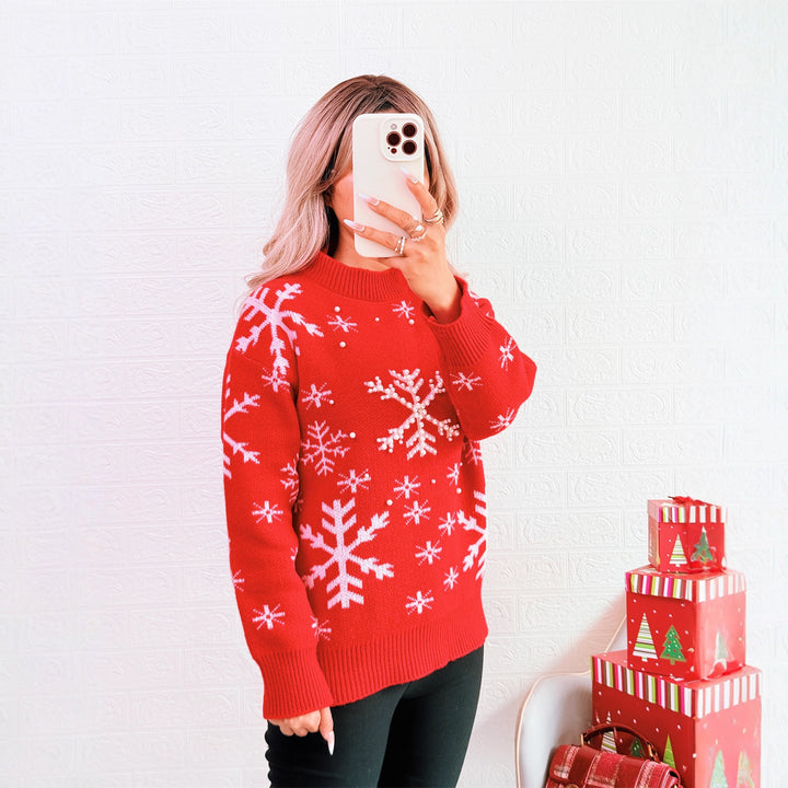 Damen Weihnachts-Pullover mit festlichem Schneemuster und hohem Kragen Drune