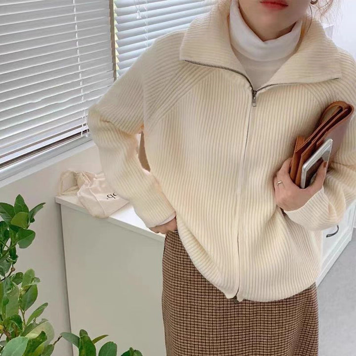 Damen Strickjacke mit hohem Kragen und modischem Rippenmuster Drune