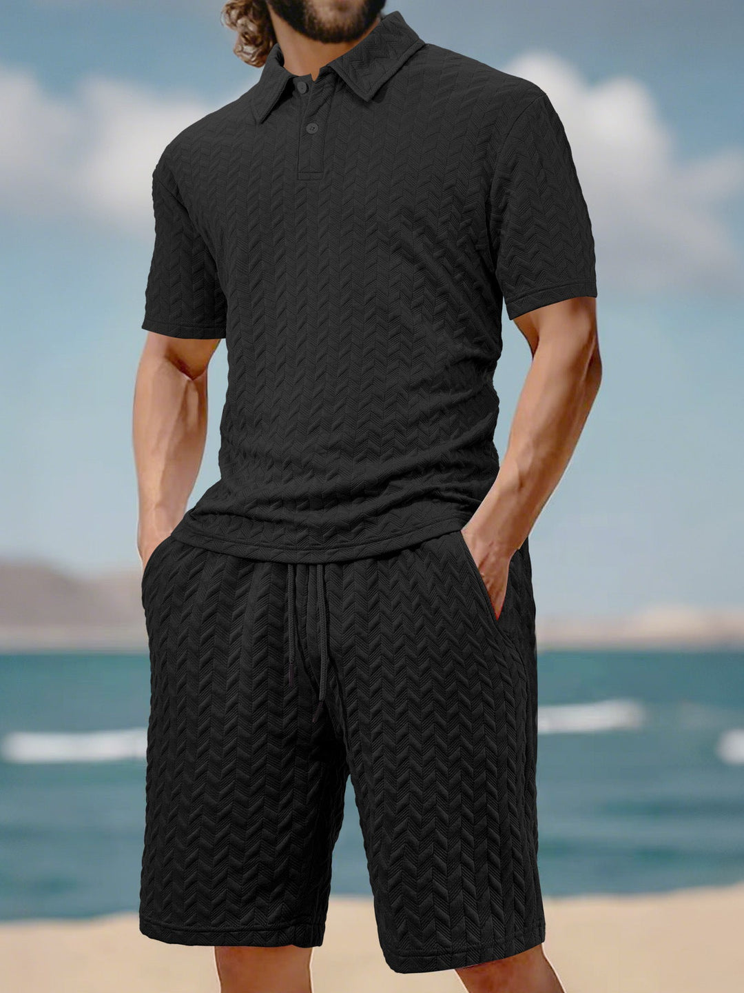 Herren nan geprägtes Strand-Ensemble mit offenem Kurzarm-Hemd und Kordel-Bermuda Drune
