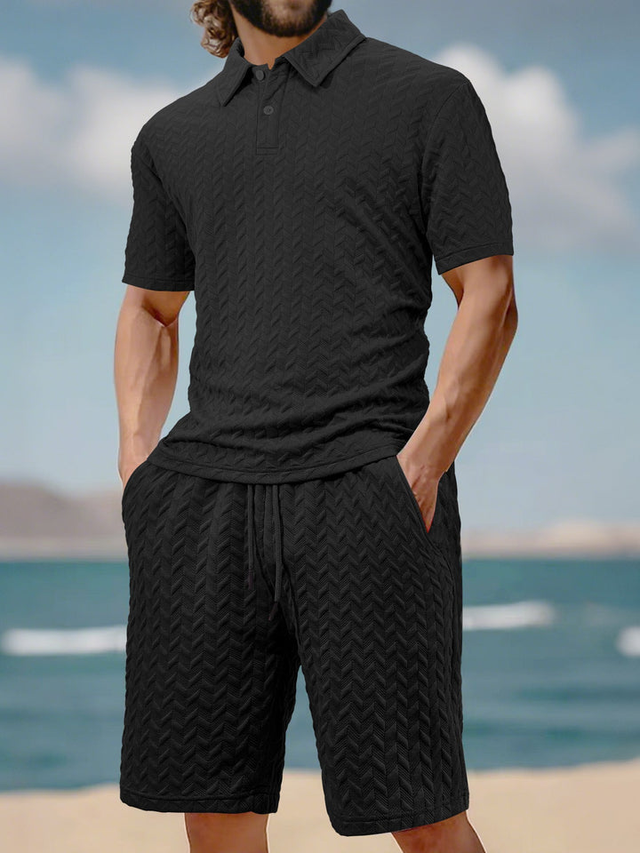 Herren nan geprägtes Strand-Ensemble mit offenem Kurzarm-Hemd und Kordel-Bermuda Drune