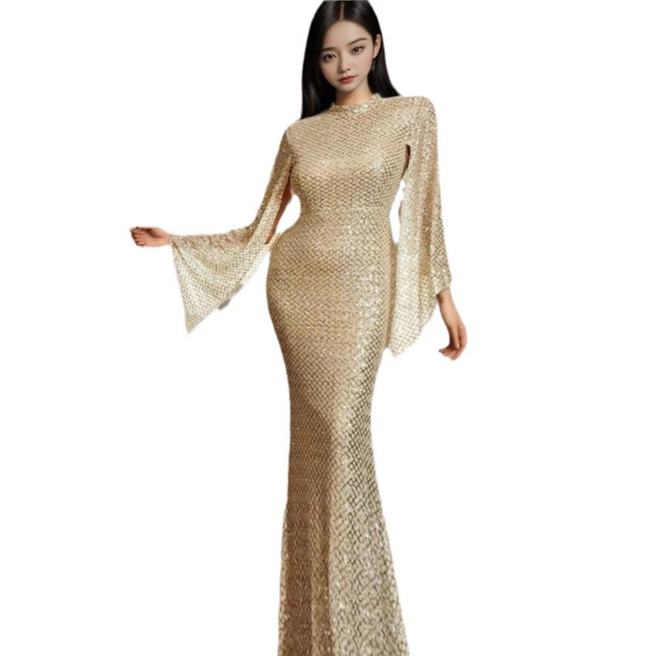 Damen Glamouröses Pailletten-Abendkleid mit schwingenden Ärmeln Drune